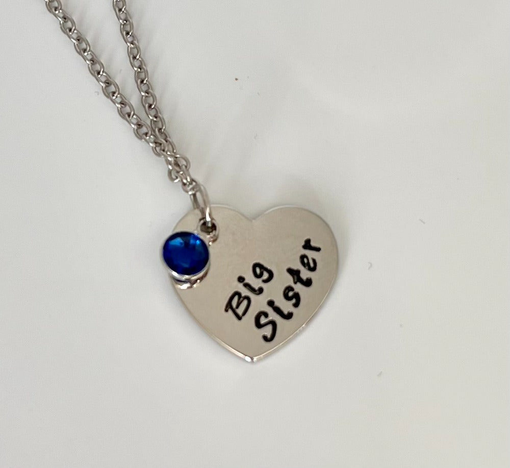 Big Sister, Middle Sister, Little Sister Heart Pendant Necklace with Birthstone Charm