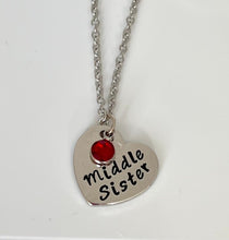 Load image into Gallery viewer, Big Sister, Middle Sister, Little Sister Heart Pendant Necklace with Birthstone Charm
