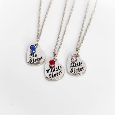 Big Sister, Middle Sister, Little Sister Heart Pendant Necklace with Birthstone Charm